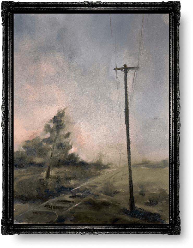 A painting by Nikita Shomerus with the title Telephone Pole At The Rails