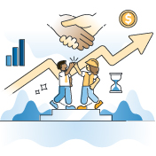 An illustration shows two people giving each other a high-five, with a handshake, a rising chart, and an hourglass in the background.