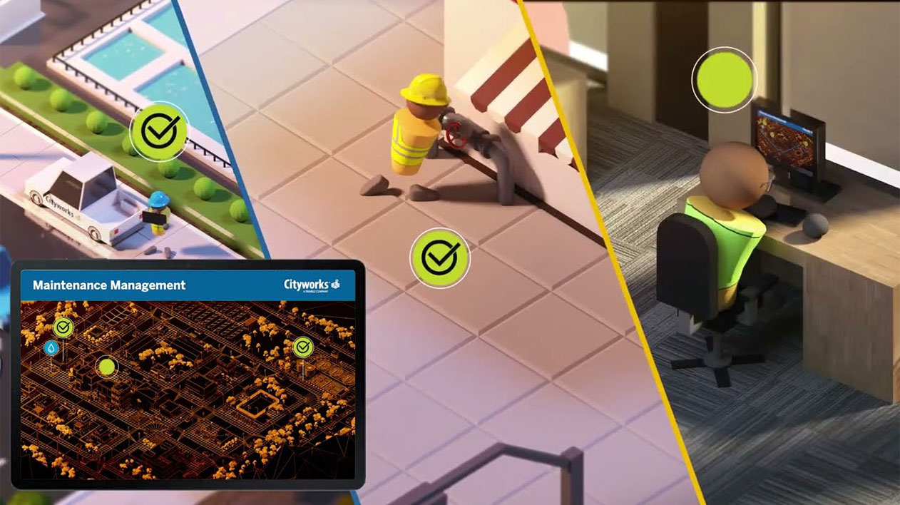 An illustration showing three scenes of workers—a maintenance worker, a construction worker, and an office worker—with a digital "Maintenance Management" map in the foreground.