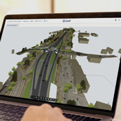 Close up of laptop with Trimble Quadri software showing a digital twin of a road.