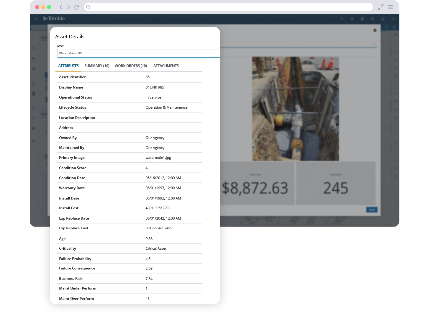 Trimble Unity Maintain screenshot showing asset details