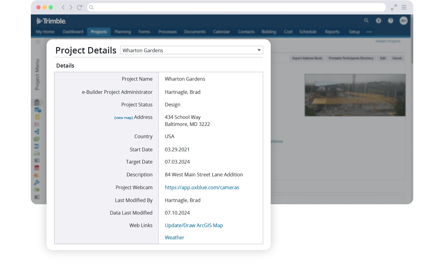 Trimble Unity Construct screenshot showing project details