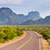 A winding two-lane road leads through a desert landscape toward the rugged Chisos Mountains and Casa Grande peak in Big Bend National Park, Texas.