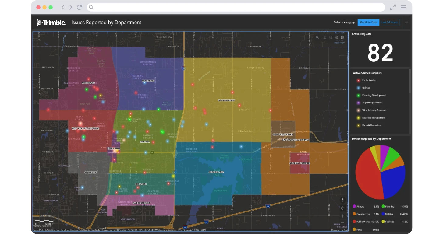 Trimble Unity Maintain screenshot showing map of issues reported by department