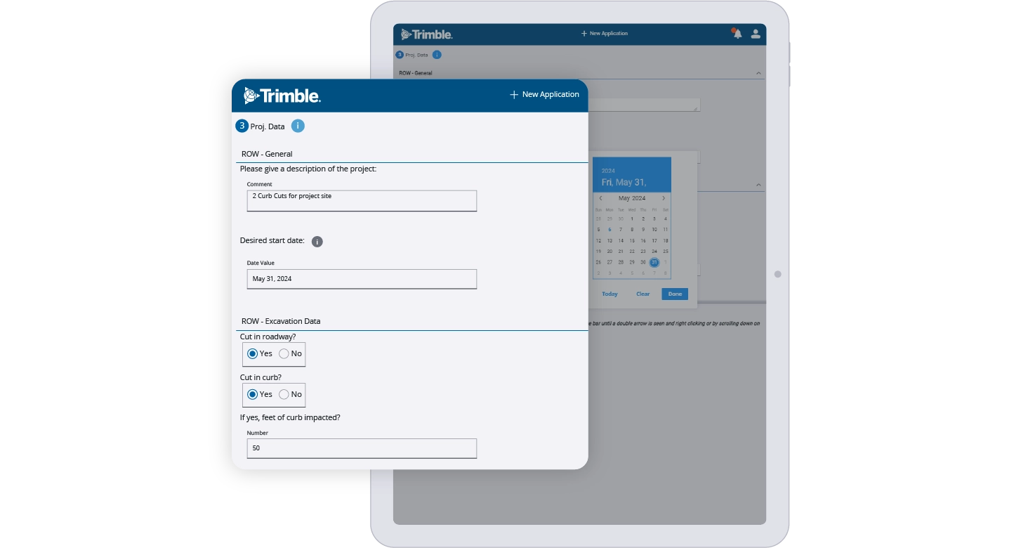 Trimble Unity Permit screenshot showing new application