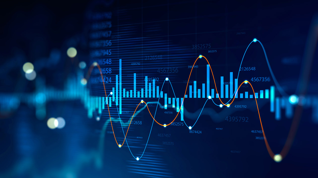 Digital graphs and data analytics displayed on a dark blue background.