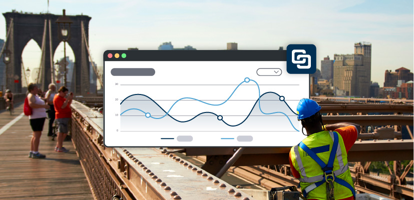 A worker on the Brooklyn Bridge, with an abstract software interface displaying a line graph and Trimble Unity Maintain logo overlaid on the scene.