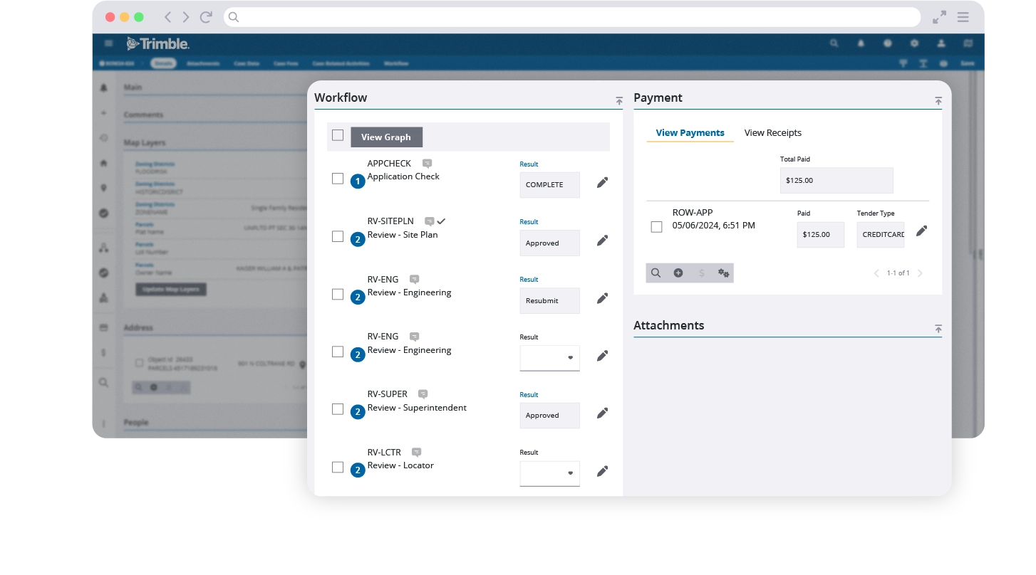 Trimble Unity Permit screenshot showing internal workflow