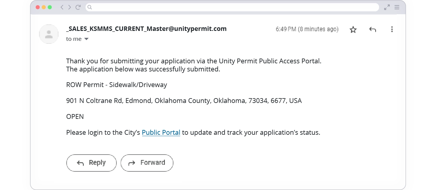 Trimble Unity Permit screenshot of automatic email showing submission success