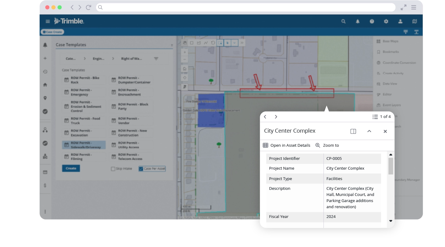 Trimble Unity Permit screenshot showing asset details with map