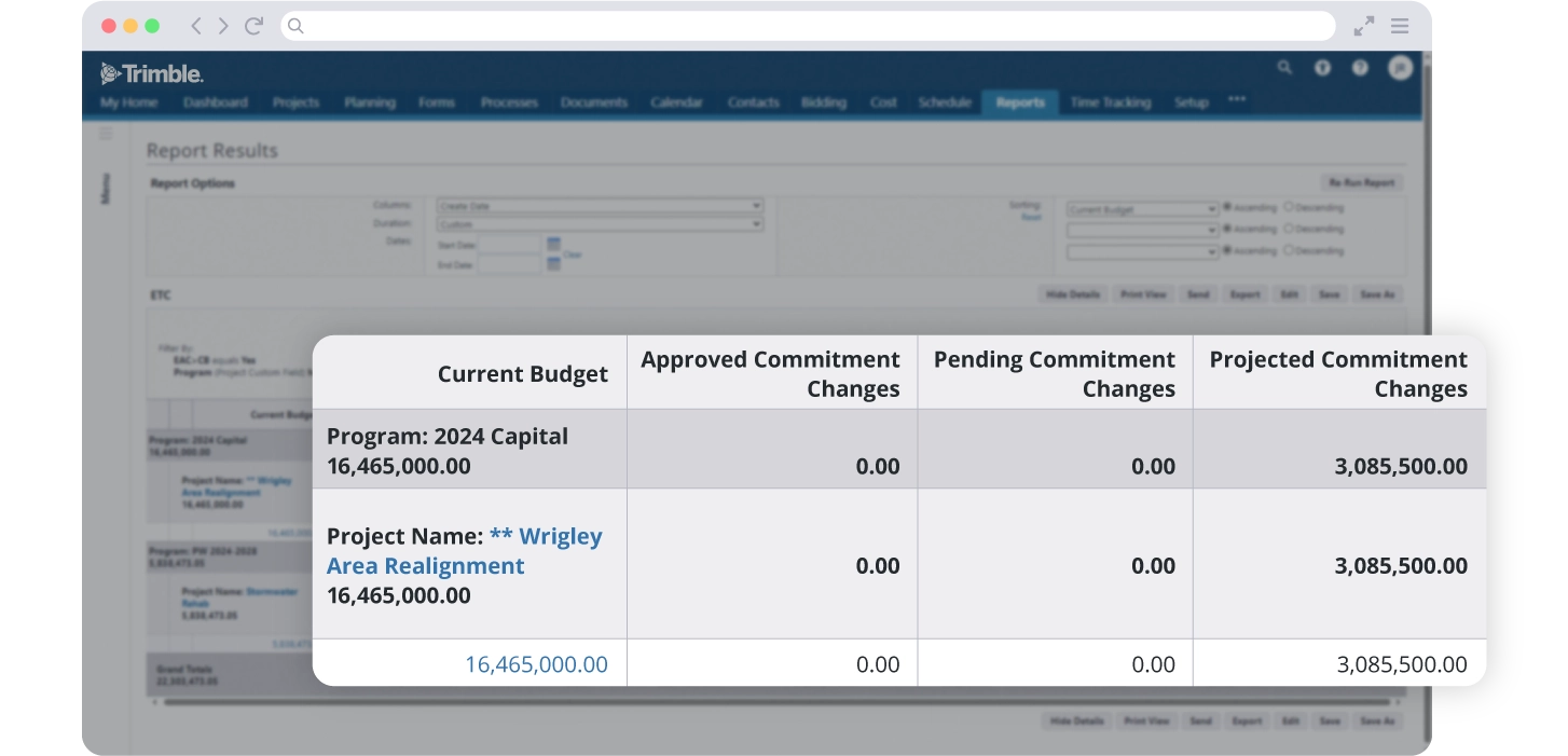 Trimble Unity Construct screenshot showing table of budget changes