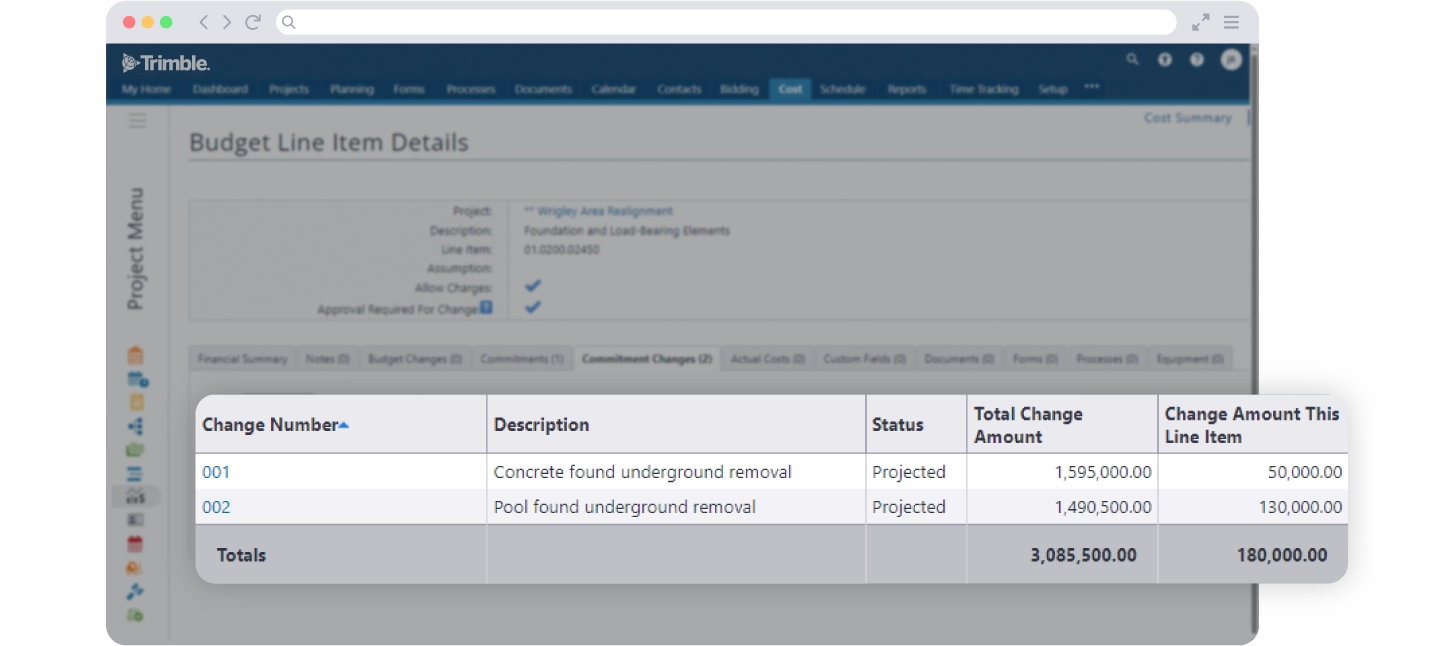 Trimble Unity Construct screenshot showing budget line item details