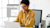 A smiling woman wearing a yellow shirt and glasses is looking at a laptop, with a software interface showing project details for a "City Center Complex" overlaid on the screen