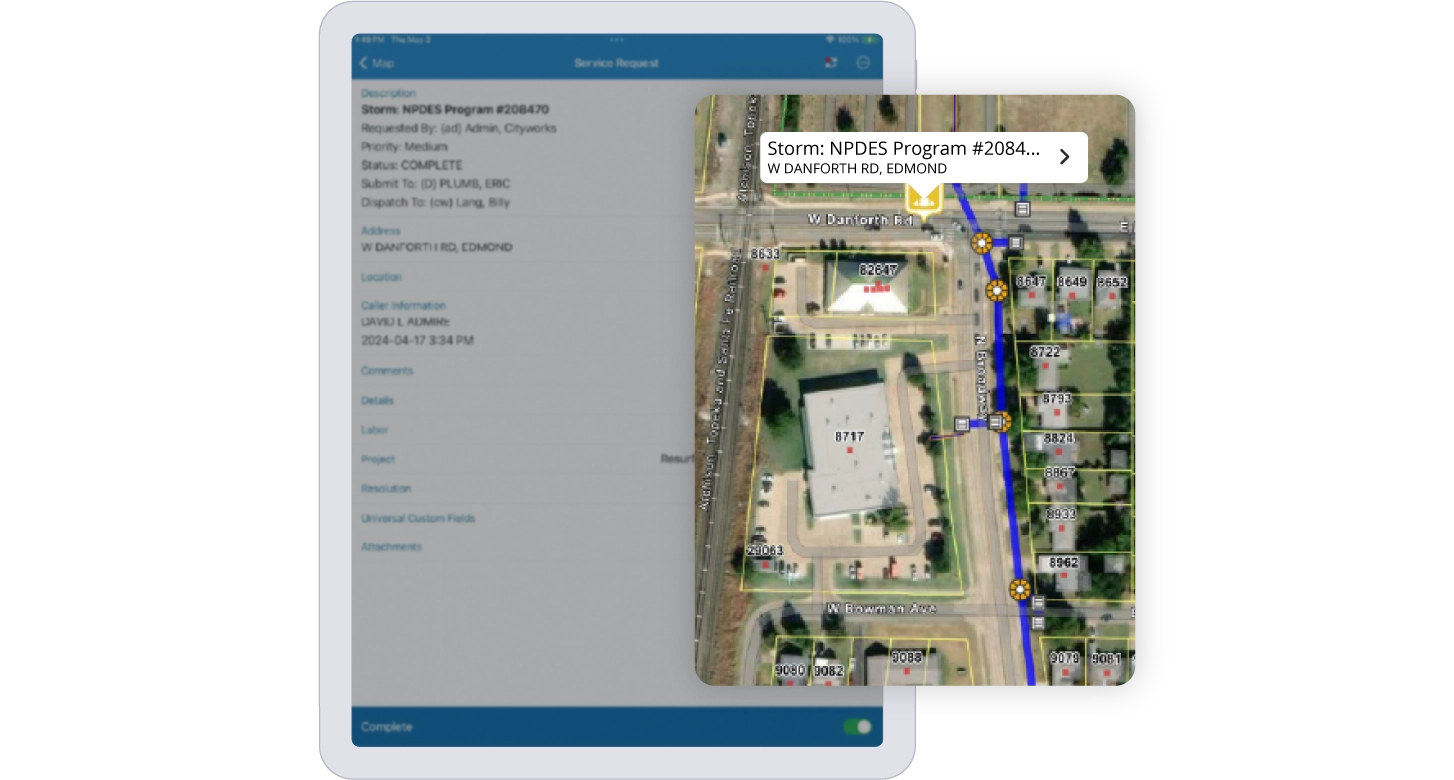 Trimble Unity Maintain screenshot showing map of service request