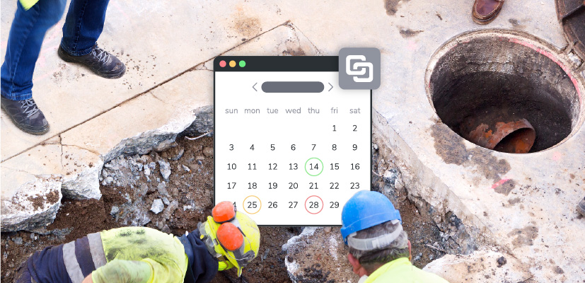 Construction workers around an open manhole, with an abstract software calendar displaying dates and the Trimble Unity Permit logo.
