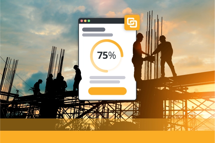 Construction site with software showing pie chart