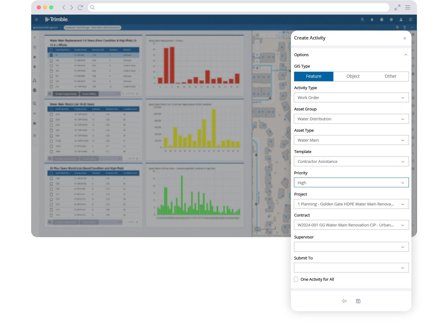 Trimble Unity Maintain screenshot showing activity creation