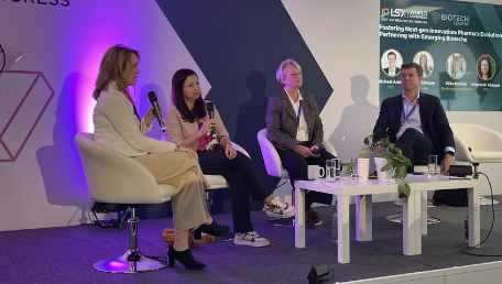 Julie Gilmore (far left) spoke to Fierce Biotech after participating in a panel at the LSX World Congress on pharma partnering with emerging biotech