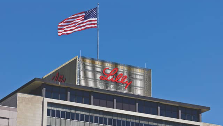 Lilly building with an American flag