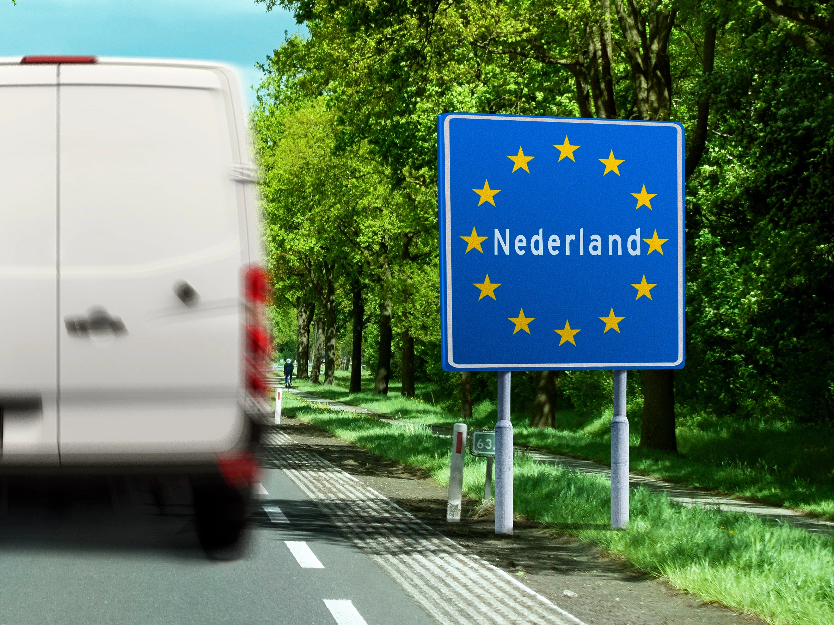 A white van crosses the Dutch border.