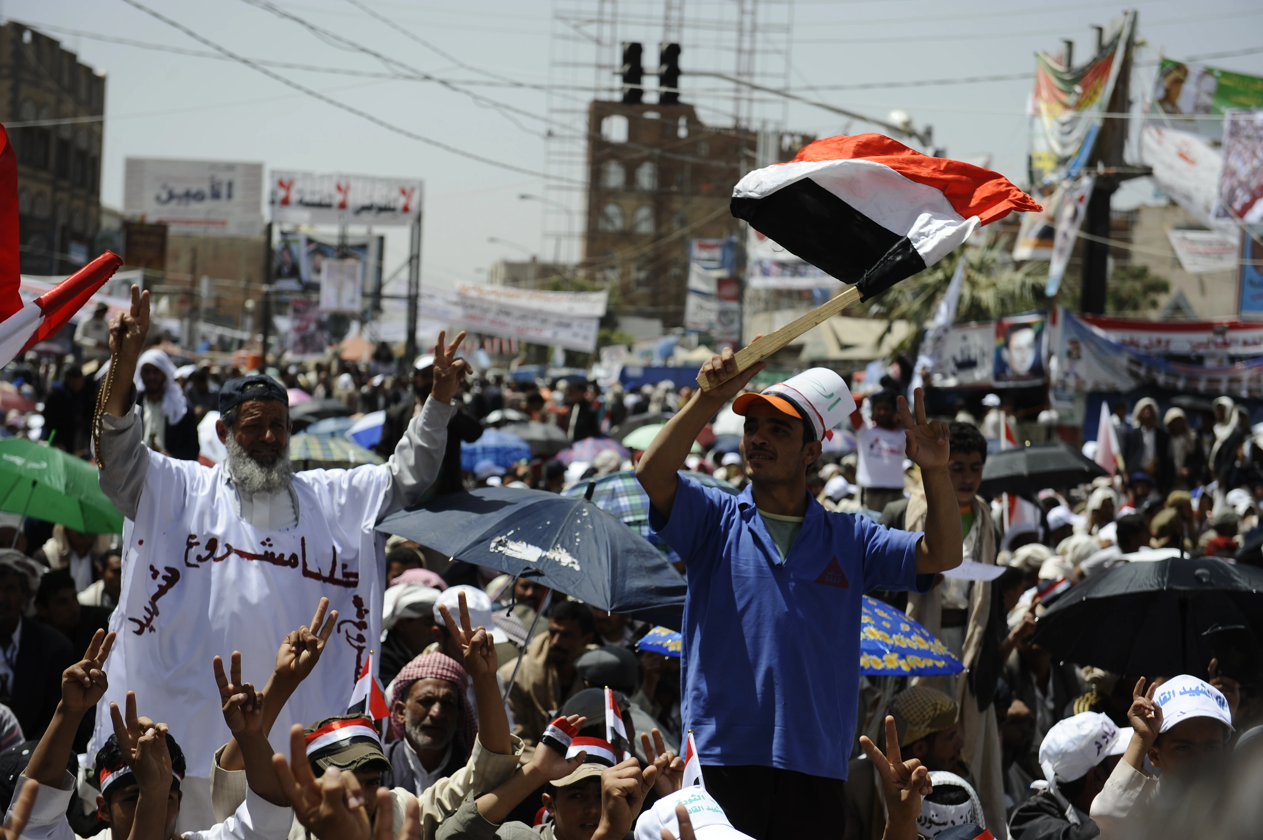 The Arab Spring led to violent and nonviolent demonstrations and protests against the corrupt government in Yemen. Crowded streets in Sanaa, the capital of Yemen