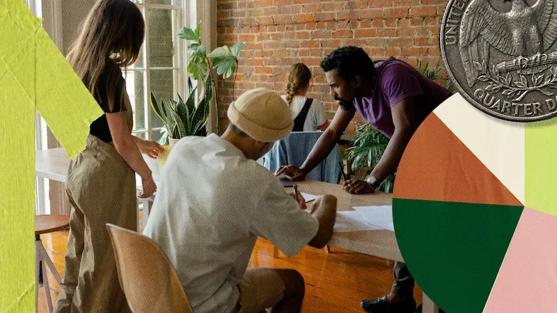 Diverse team collaborating around a table in a bright loft office with exposed brick walls and colorful geometric overlay.