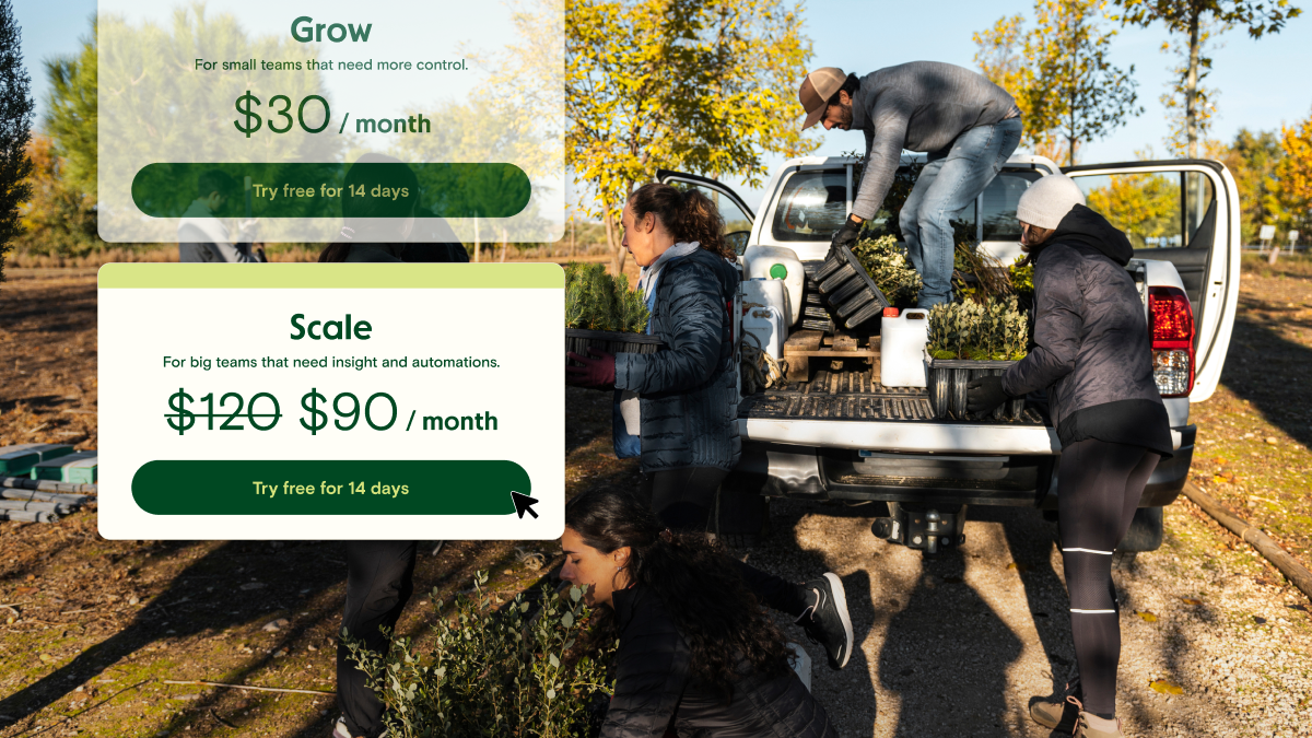 Three gardeners loading up a truck with plants. There is a product image on top with a pricing page,showing a title Scale and the price of $90/month
