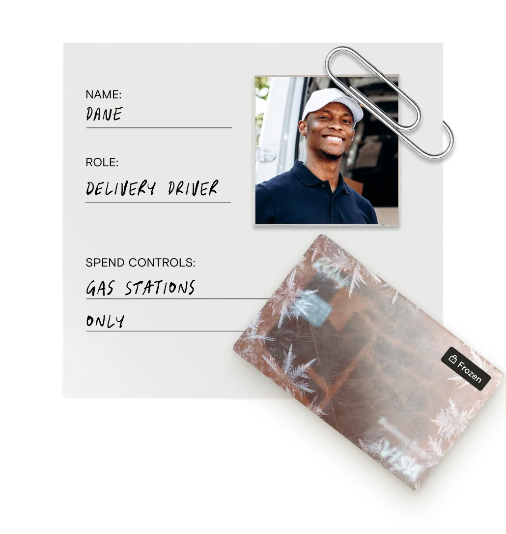 Employee profile card showing Dane, a delivery driver, with gas station spend controls and a Frozen payment card.