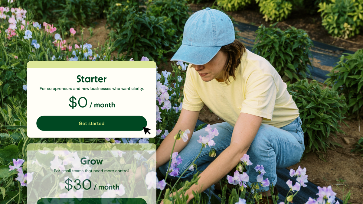 A woman gardening. There is text over her that shows a screen with a get started button in green, showing the Starter plan at $0/month.