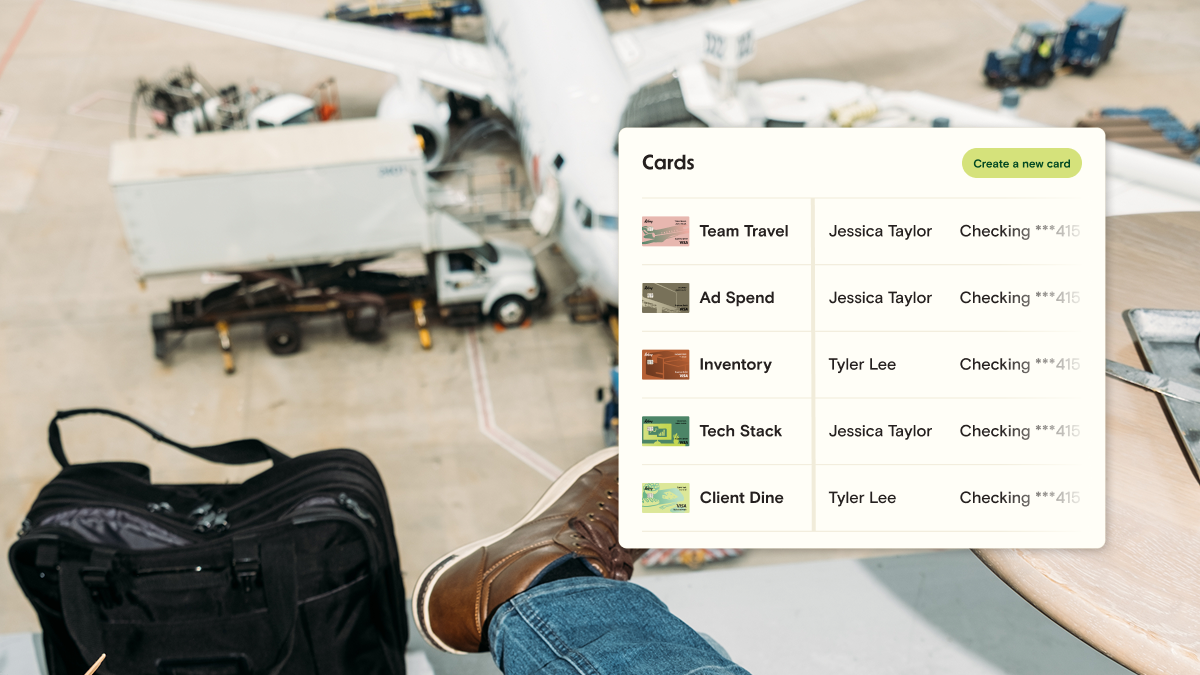 The view out a window showing a plane. You can see a leg and bag, as if shot from somebody's POV. There is an overlay showing a list of credit cards, including a travel credit card.
