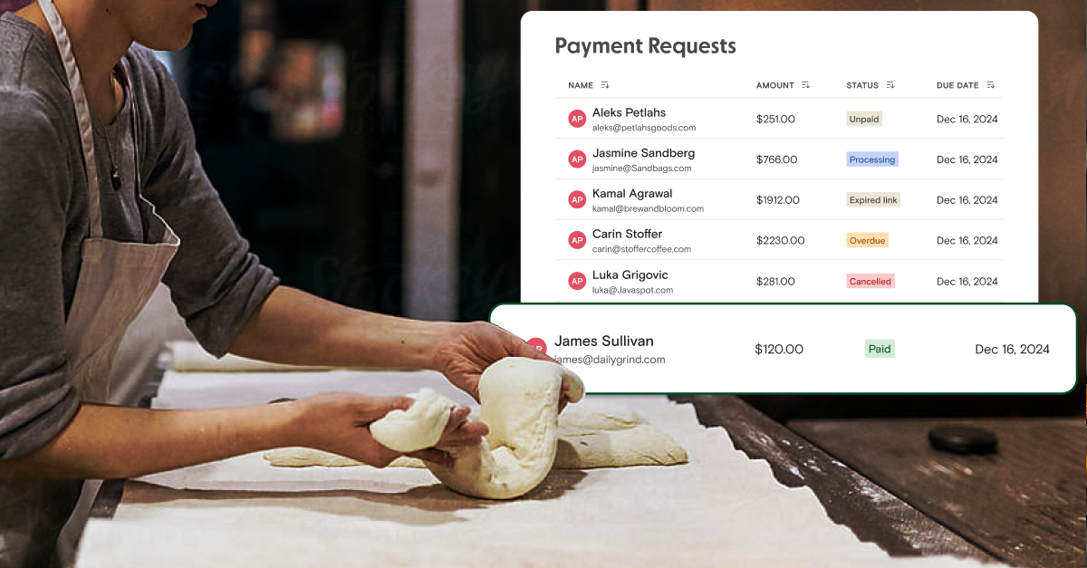The hands of a person working pizza dough. There isa. screen of payment requests superimposed on the image on the left side.