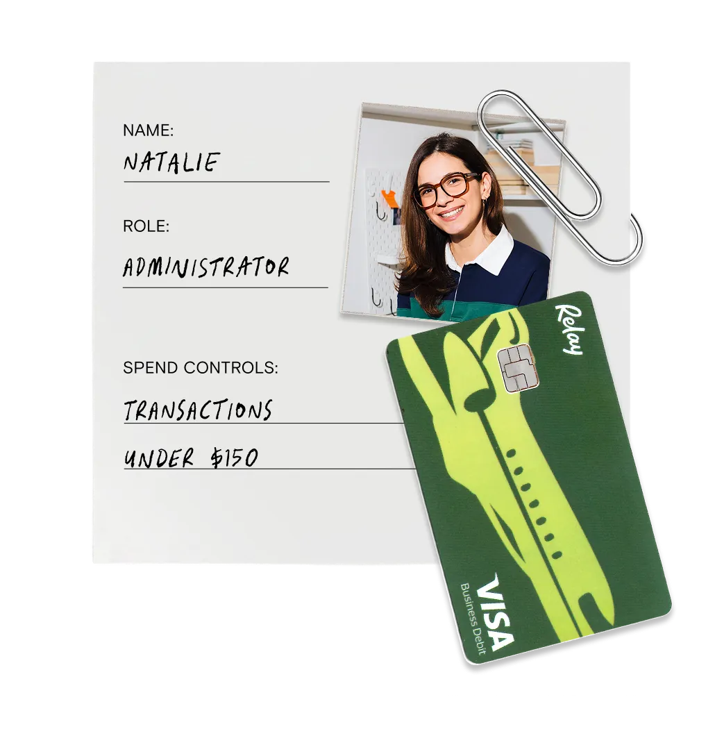 Employee card for Natalie, Administrator role, with green Visa debit card showing transaction limit under $150.