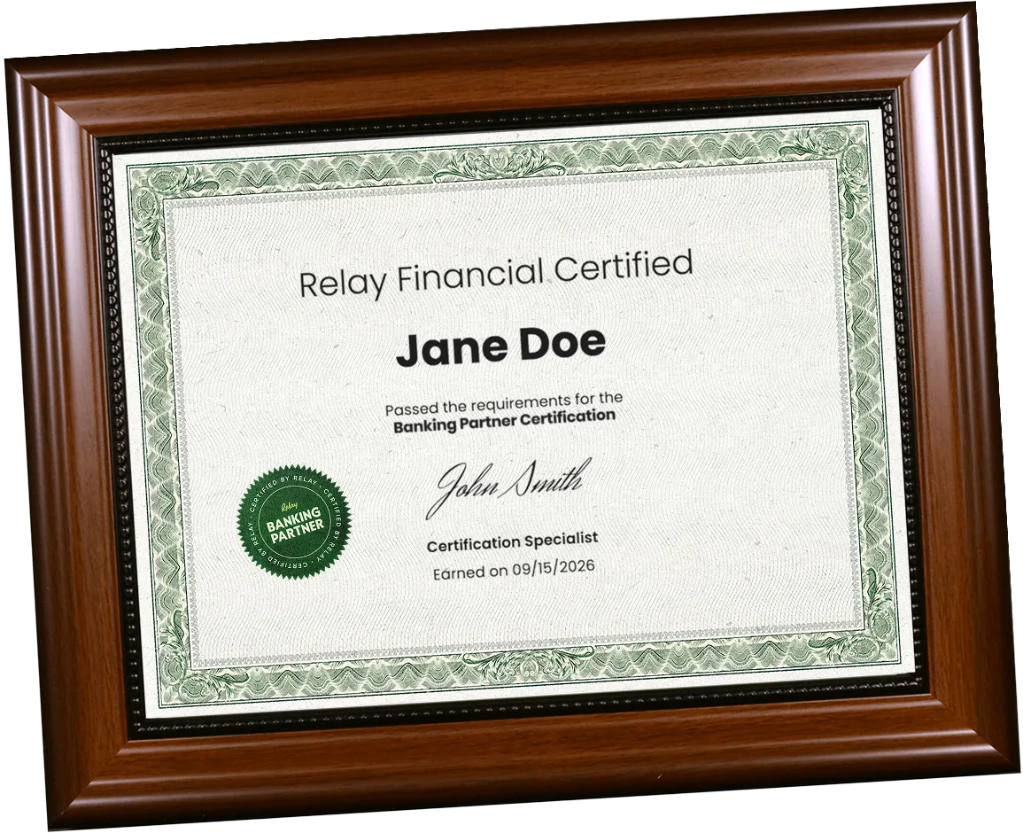 Framed Relay Banking Partner Certification certificate