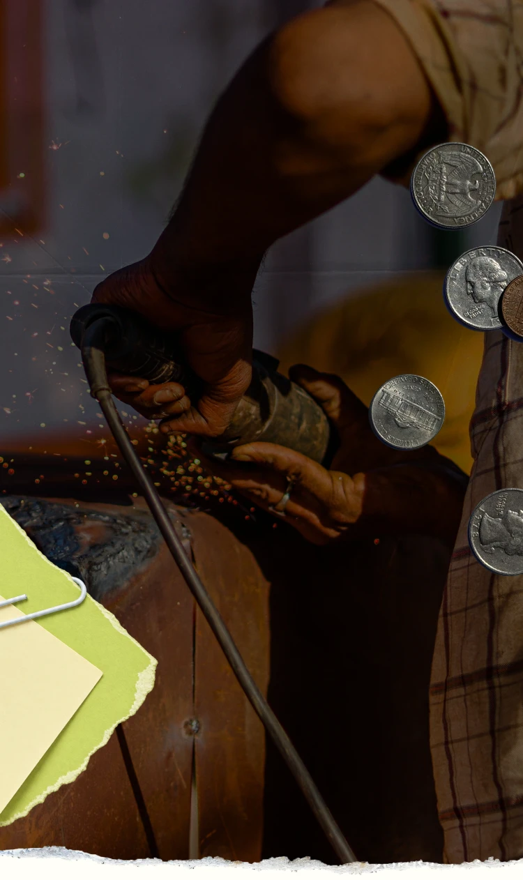 A woodworker sanding at a bench in a spray of sparks, with a paper-clipped sticky note and a scatter of coins