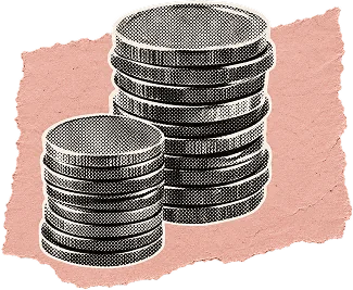 Two stacks of coins on a torn square of pink paper