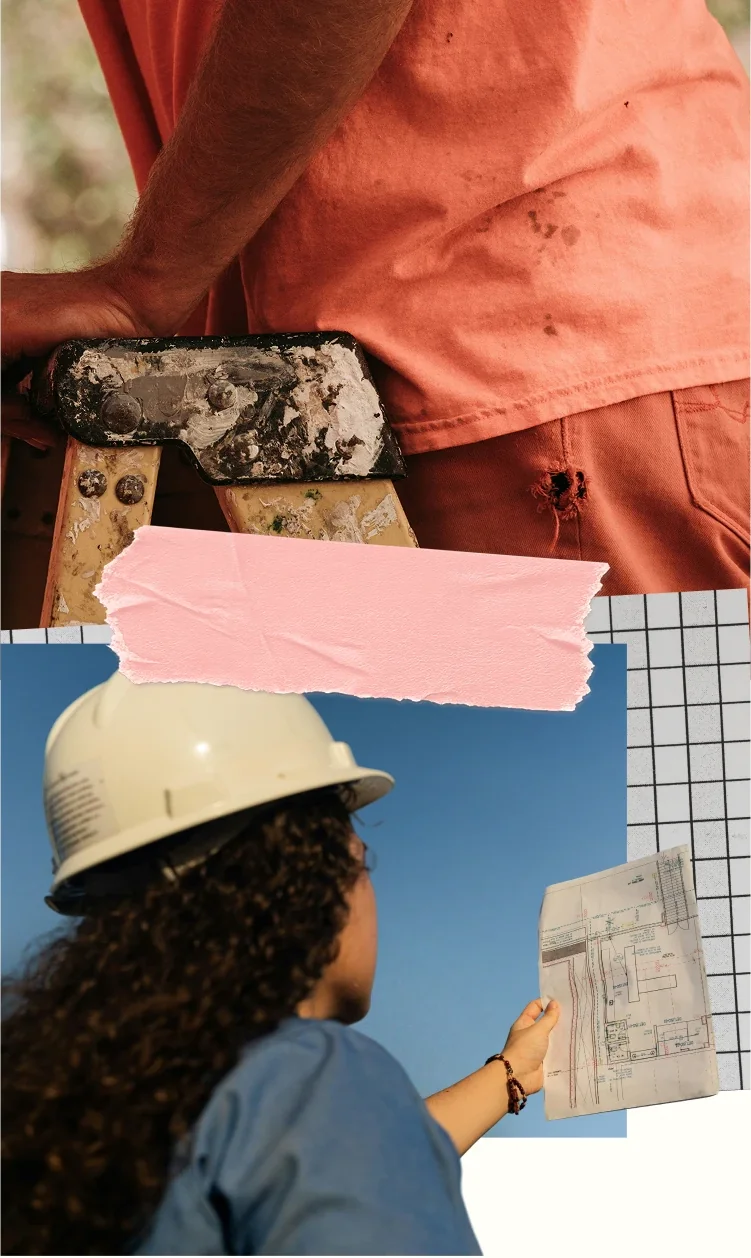 Collage of a construction worker reading plans and a florist holding a bouquet, layered over orange fabric with a torn paper edge