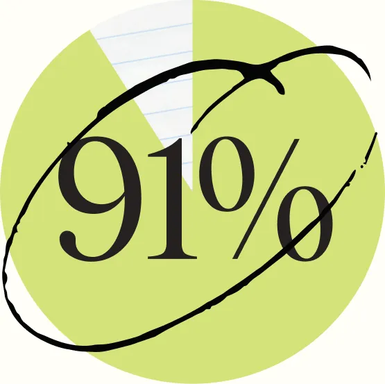 91% written in a hand-drawn circle over a lime pie chart