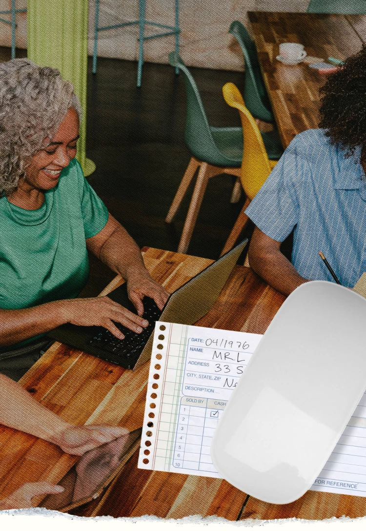 Collage of three people working at a wooden cafe table with laptops, a handwritten receipt and a computer mouse, and hands sketching at a studio desk