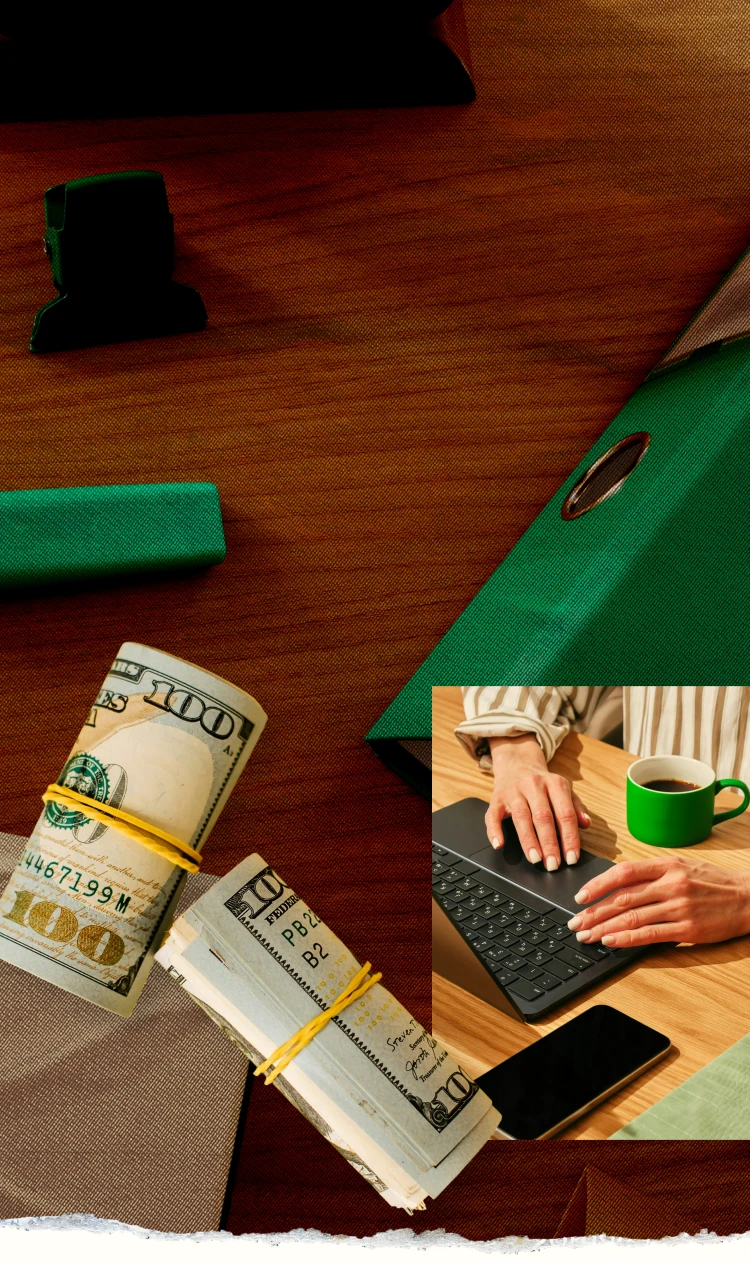 Collage of a desk with a calculator, notebook, and green binder, two rolled hundred-dollar bills, hands typing beside a green mug, and two people reviewing a laptop on an orange bench