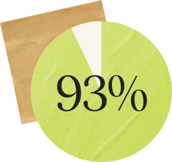 Lime pie chart reading 93% over a kraft paper square, with a small off-white remainder