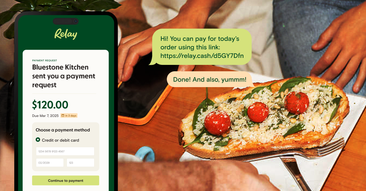A pizza on a table. There is a text overlay with a smartphone showing Blue Stone Kitchen sent a payment request for $120, and a text overlay telling somebody they can pay for their order using the link.