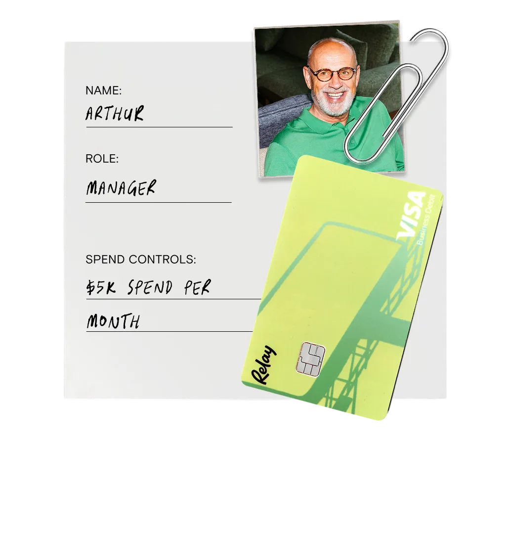 Employee profile card showing Arthur, a manager with a green Relay card and $5K monthly spend limit, with his photo.