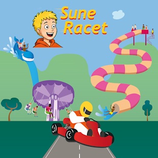 Teckning som föreställer en pojke, en vattenrutschbana, en dinosaurieattraktion, människor som gungar och en person som kör gokart, med rubriken ”Sune Racet”.