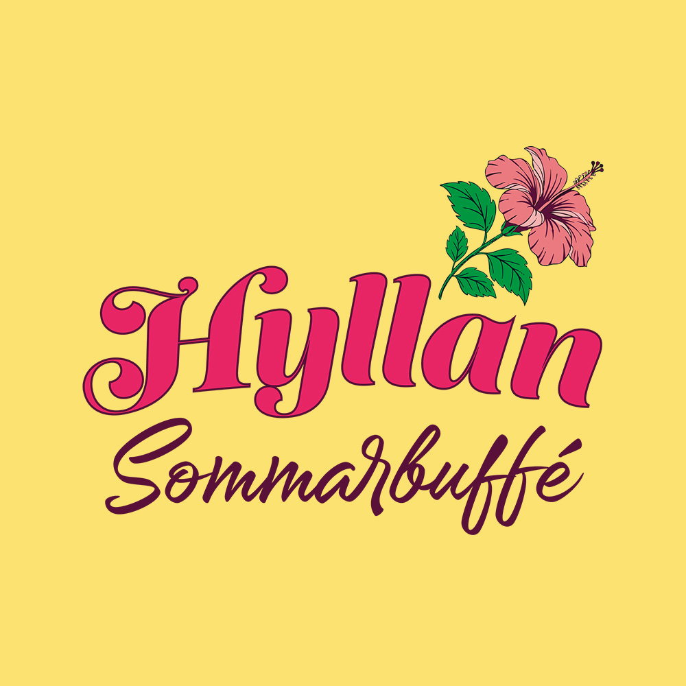 Text "Hyllan Sommarbuffé" in decorative fonts with a pink hibiscus flower illustration on a yellow background.