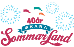 Logo for Skara Sommarland's 40-year anniversary featuring a waterslide with flags and fireworks in the background.