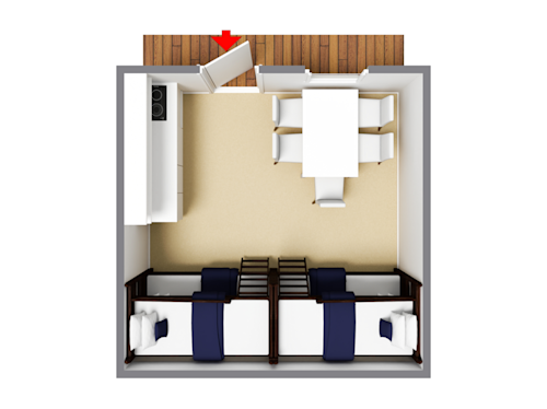 Vy uppifrån och ner över en liten lägenhet med kök, matbord, två enkelsängar och en ingång markerad med en röd pil.