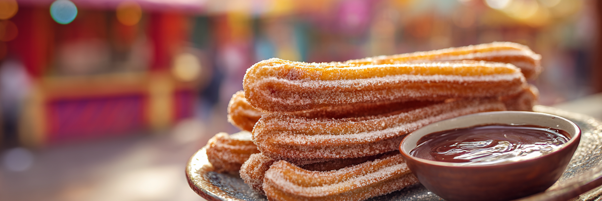 En tallerken med sukkerovertrukne churros er stablet ved siden av en liten bolle med sjokoladedypsaus, med et fargerikt utendørsmarked i den uskarpe bakgrunnen.