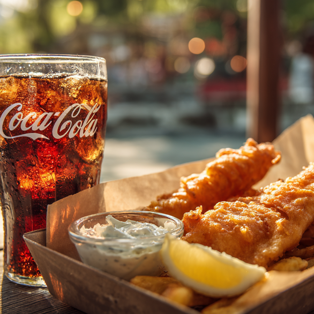Et glass Coca-Cola med is står ved siden av et brett med stekt fisk, pommes frites, en sitronskive og et lite beger med tartarsaus på et solfylt utebord.