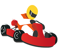 Illustration av en person med gul hjälm som kör en röd gokart, klädd i en orange overall och med händerna på ratten.