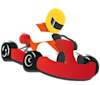 Illustration av en person med gul hjälm som kör en röd gokart, klädd i en orange overall och med händerna på ratten.